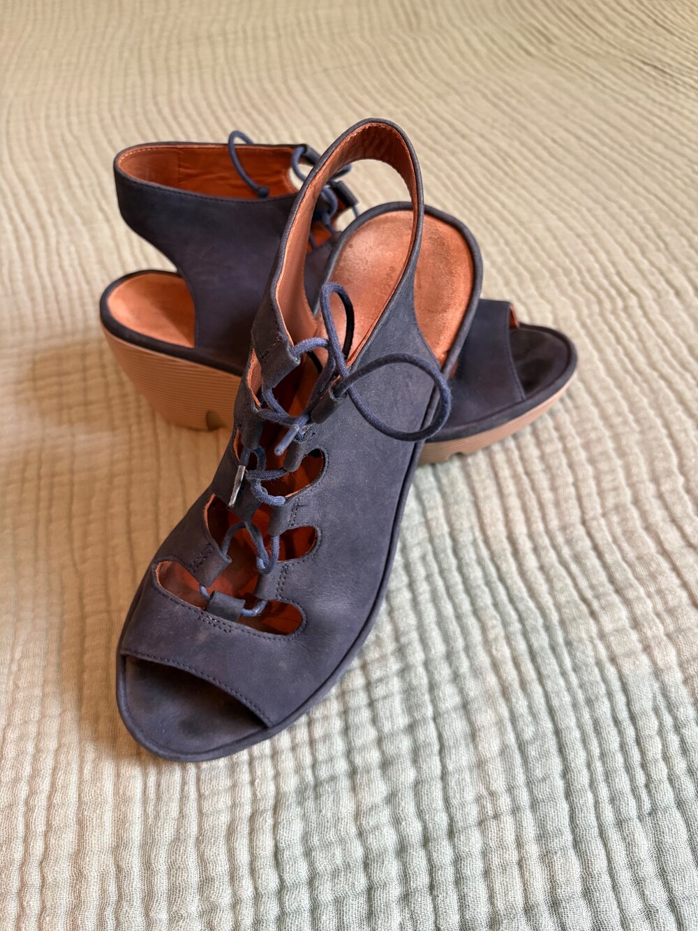 Navy Blue Suede Wedge Sandals Size 8 Open Toe Lace-Up